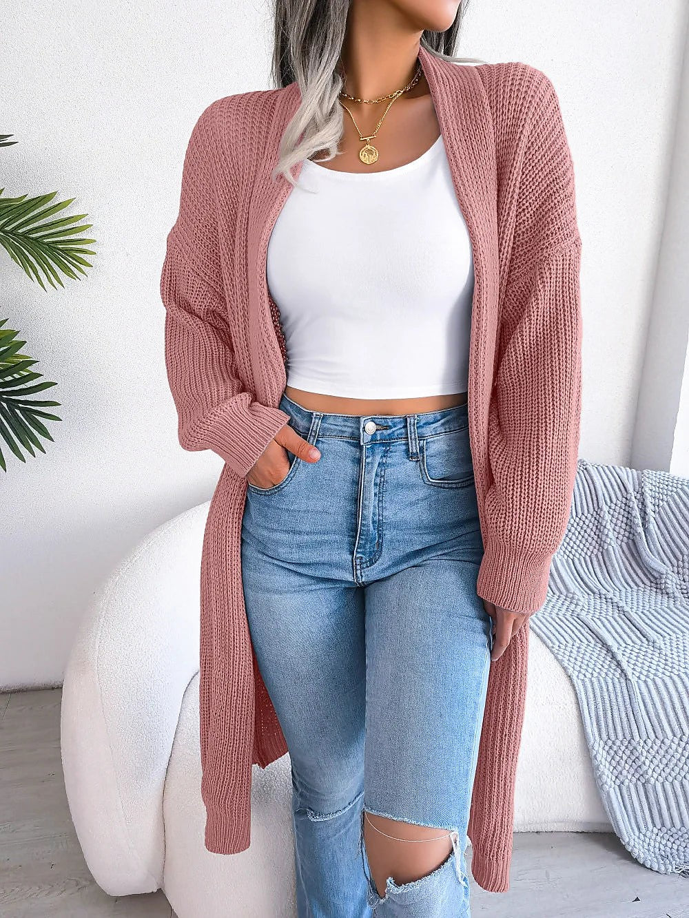 Women's Chunky Rib Open Front Duster Cardigan