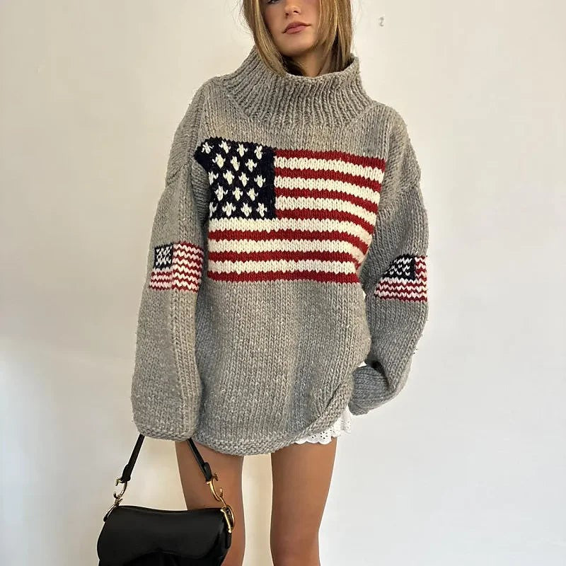 Women's American Flag Oversized Turtleneck Sweater