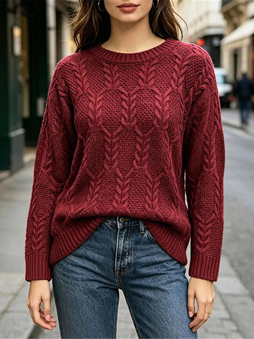 Women's Textured Cable Crewneck Pullover Sweater