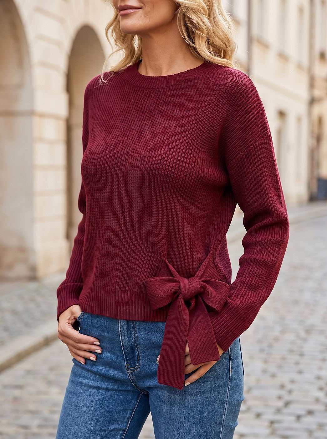 Women's Bow Detail Hem Ribbed Knit Sweater