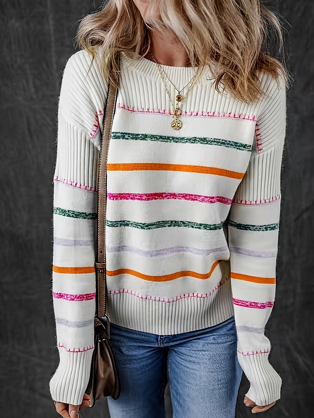 Women's Fine Stripe Ribbed Yoke Crewneck Sweater
