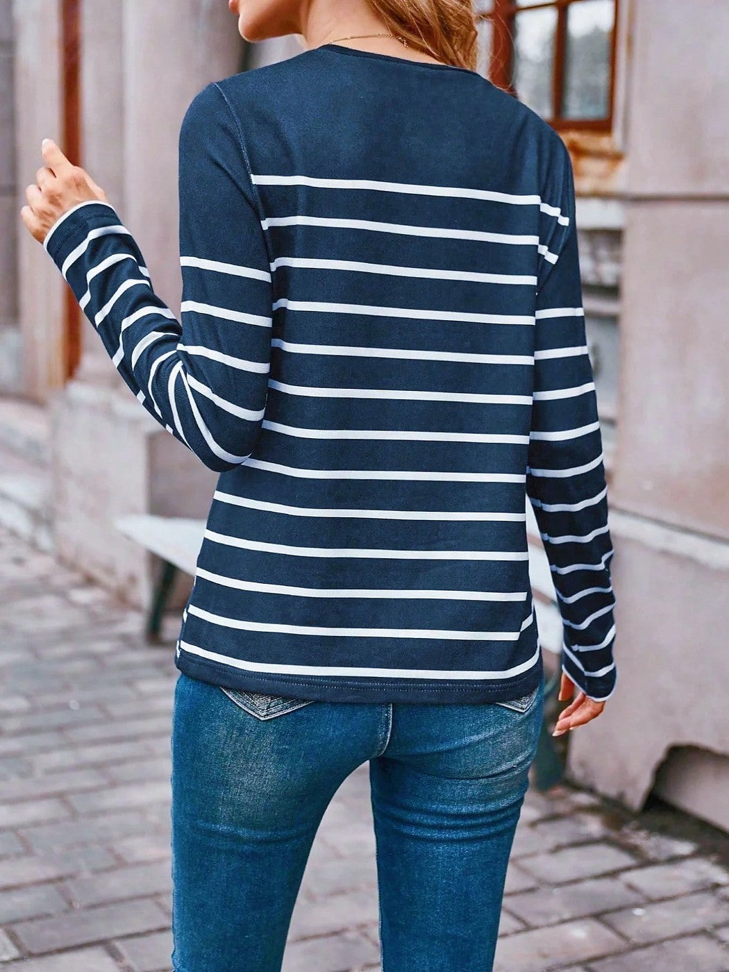 Women's Striped Henley Long Sleeve Knit Top