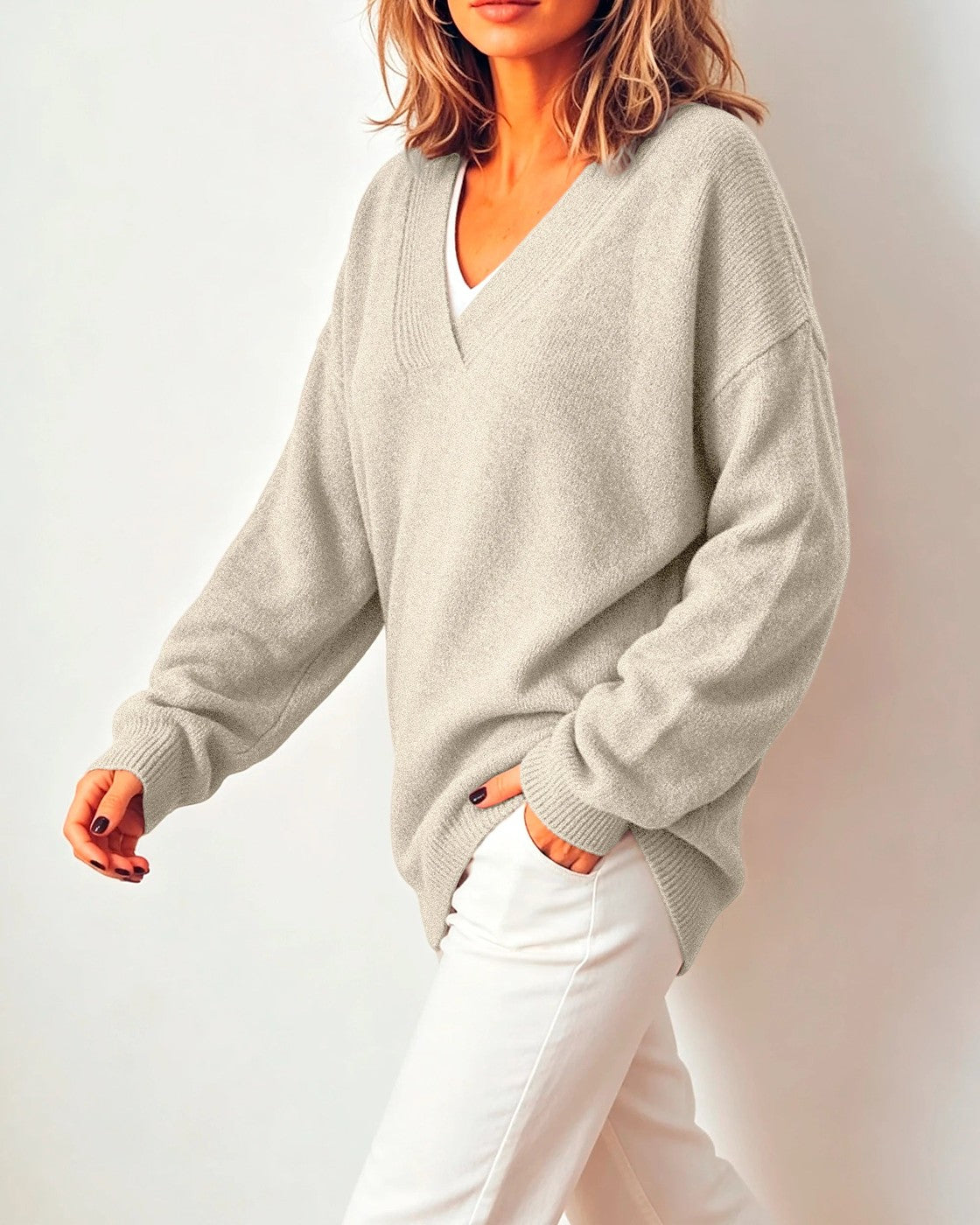 Women's Oversized Drop Shoulder Deep V Sweater