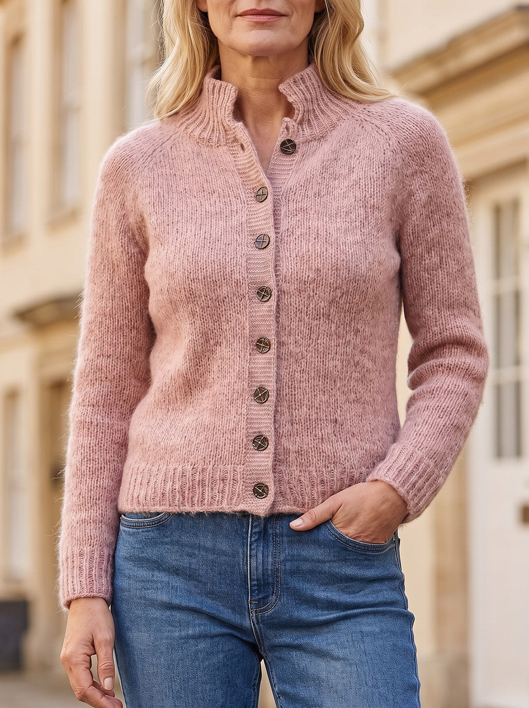 Women's Fluffy Button Up High Neck Cardigan