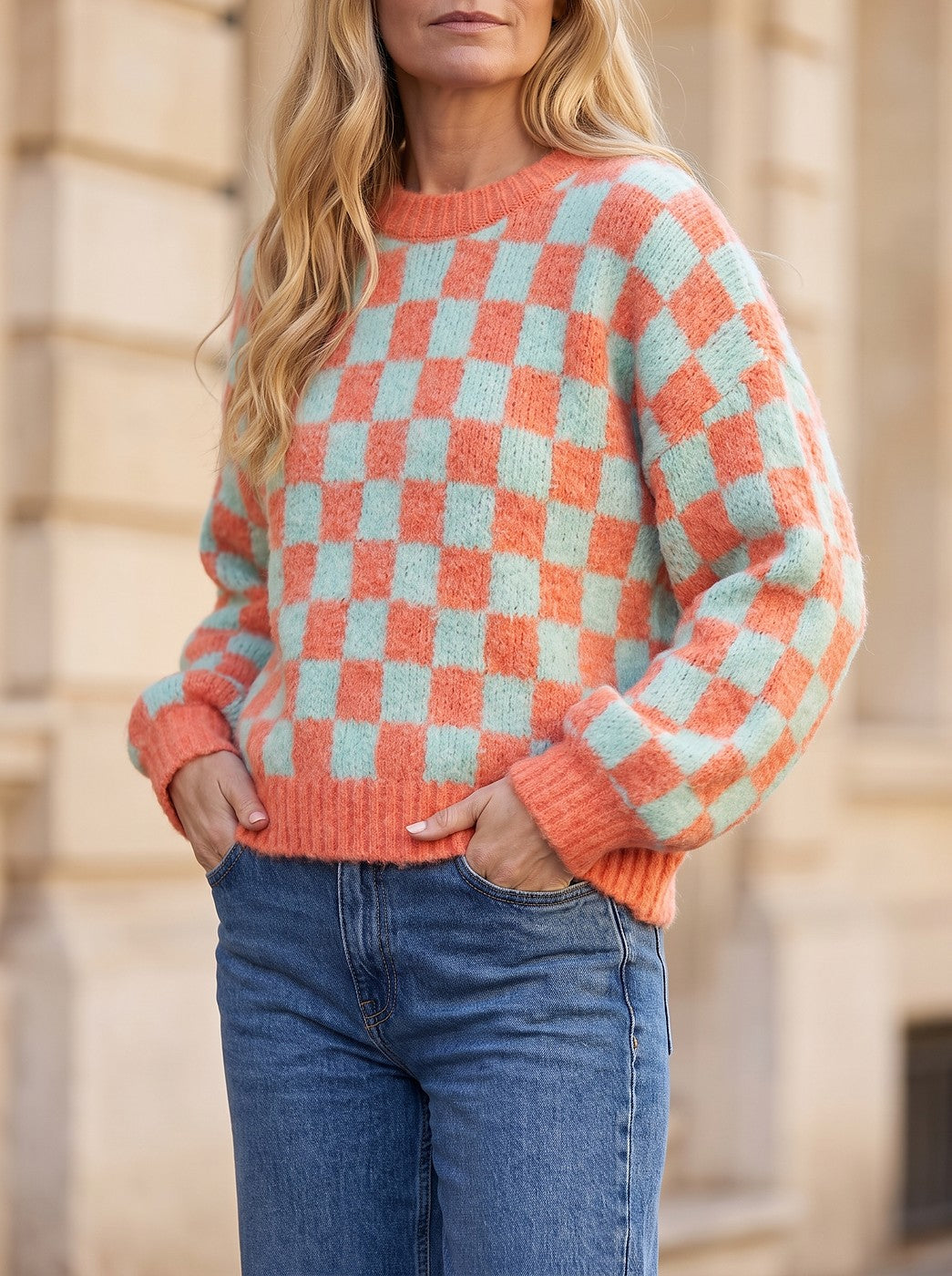 Women's Checkerboard Brushed Knit Lantern Sleeve Sweater