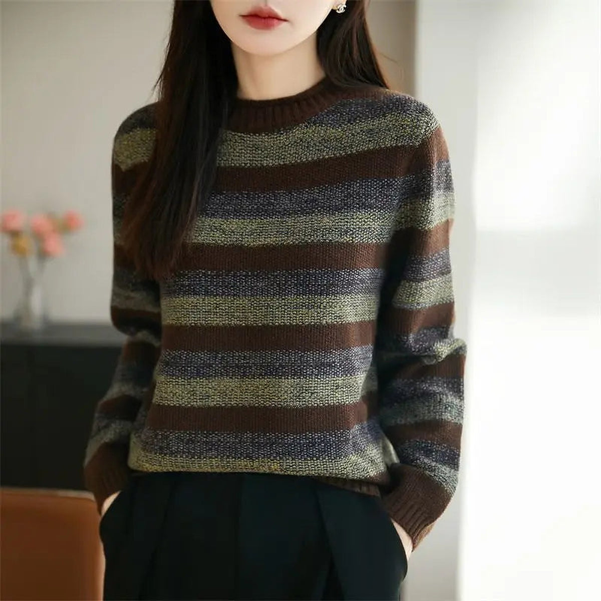 Women's Marled Stripe Loose Fit Fall Sweater