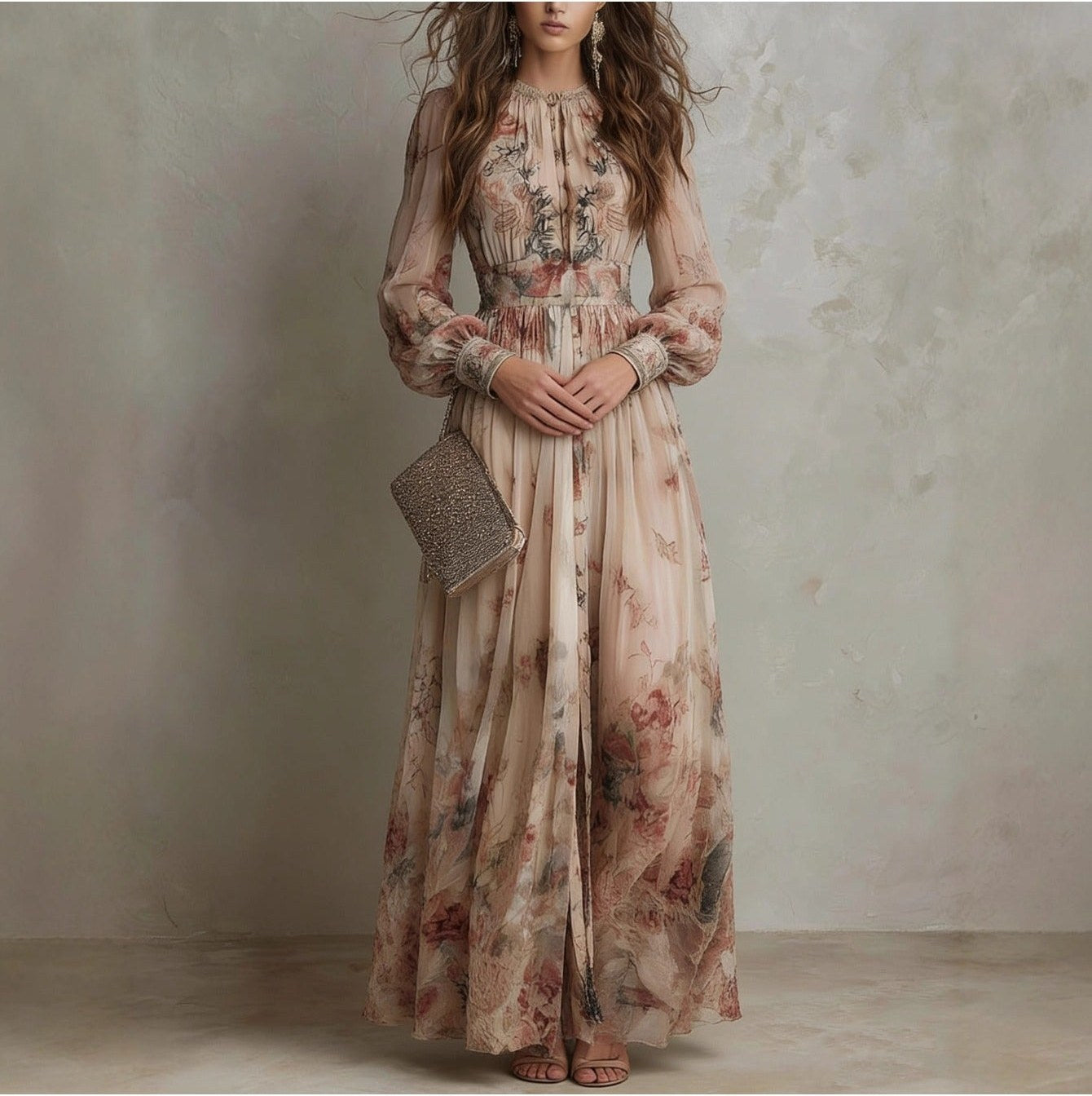 Women's Vintage Neckline Evening Dress with Smocking