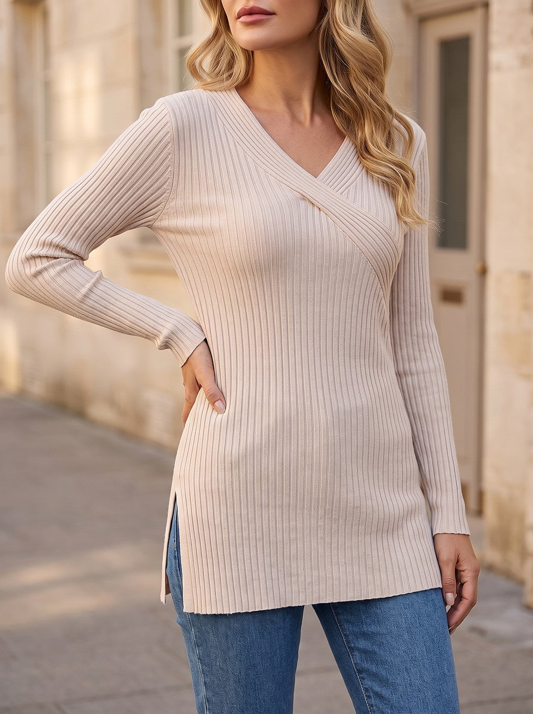 Women's Ribbed Wrap Front Side Slit Top