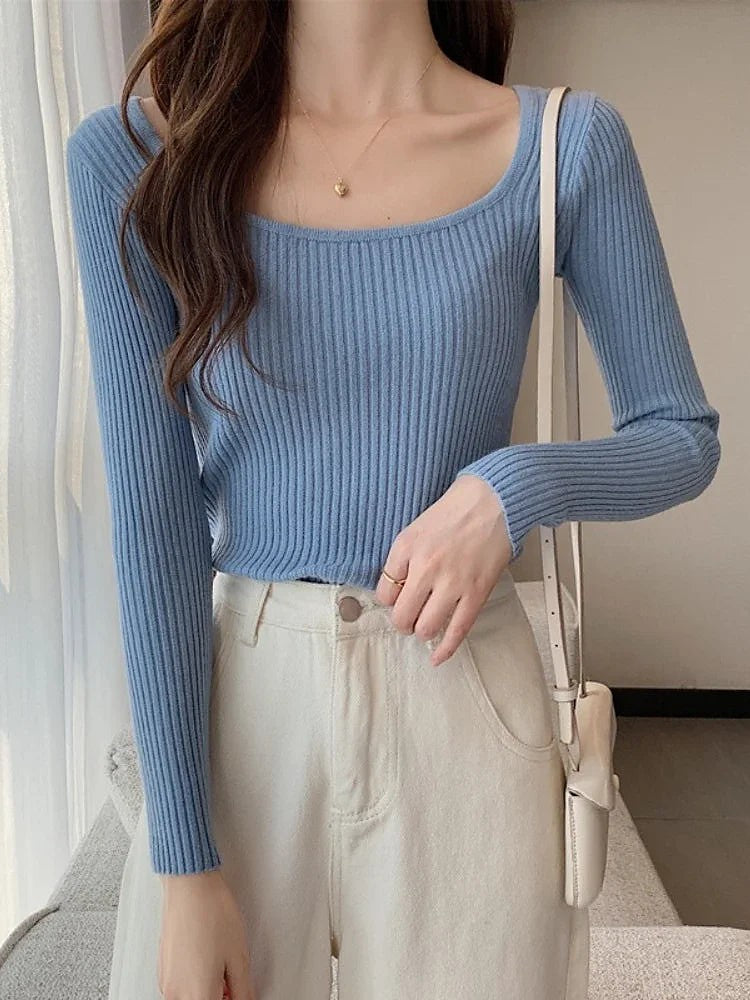 Women's Square Neck Ribbed Long Sleeve Top