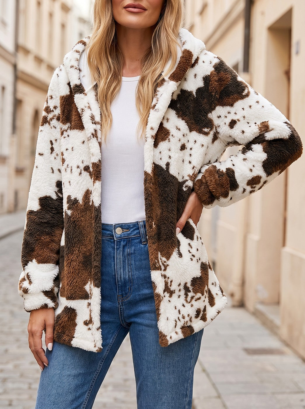 Women's Cow Print Sherpa Hooded Fleece Jacket