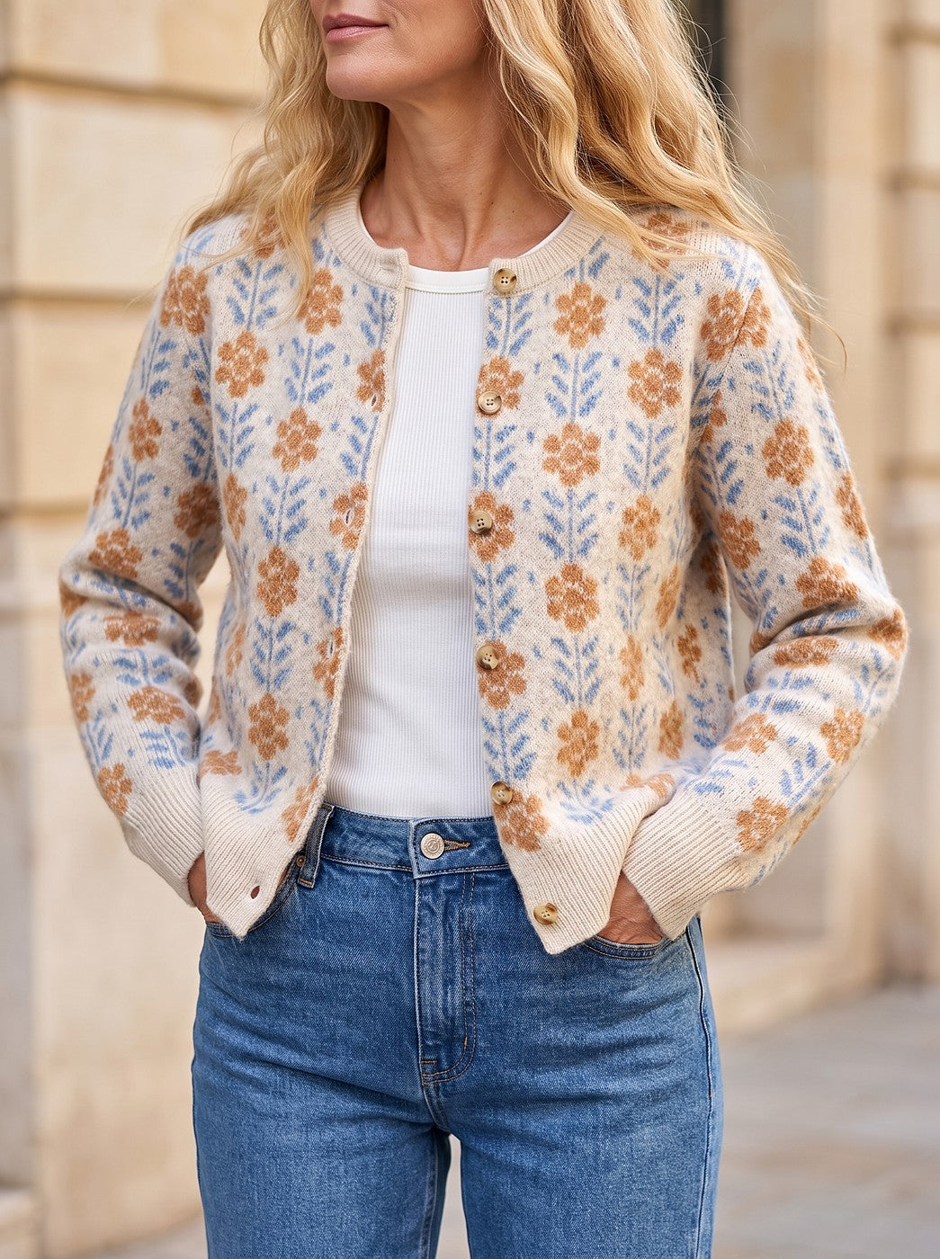 Women's Floral Jacquard Crew Neck Cardigan