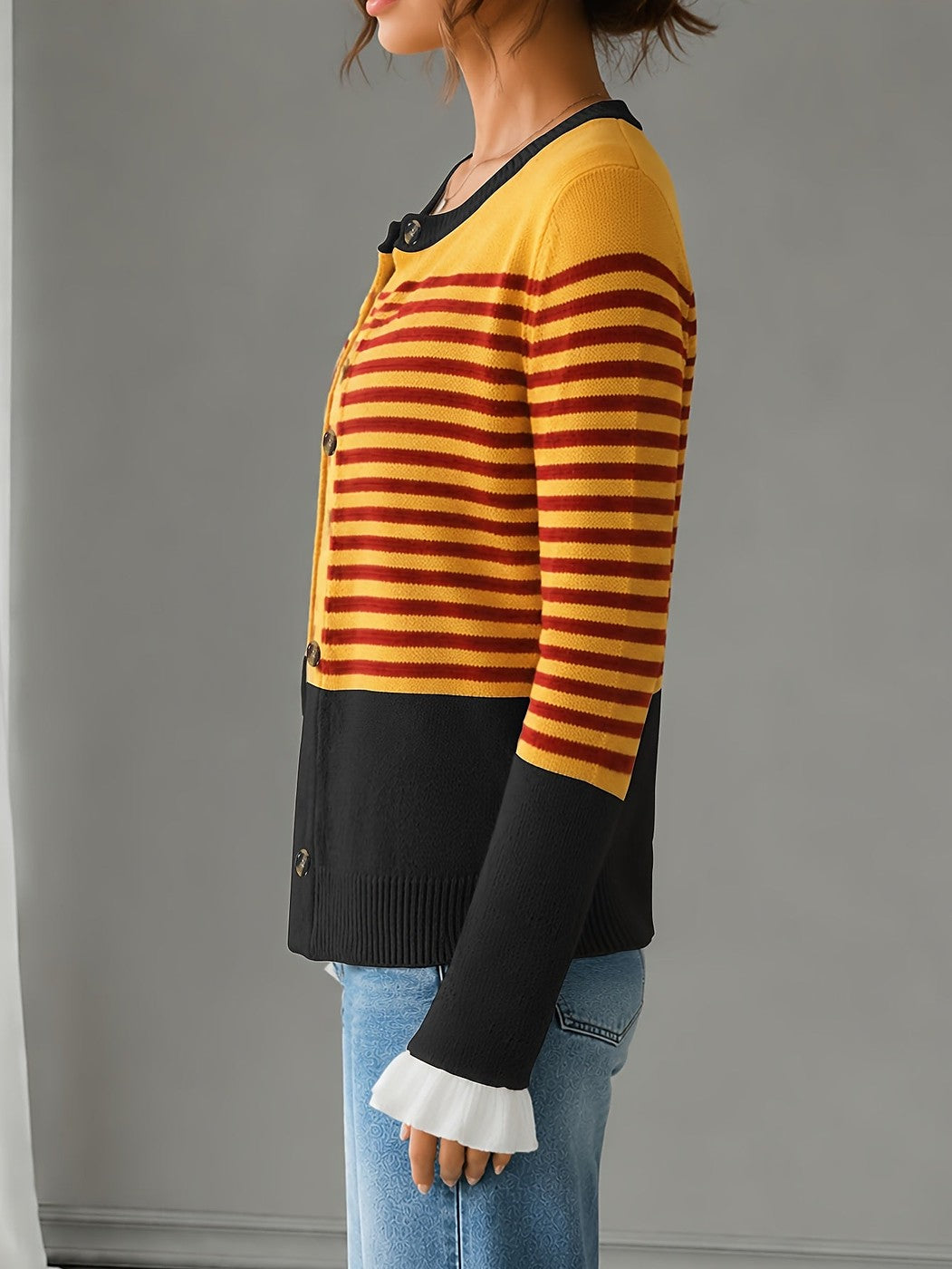 Women's Striped Knit Cardigan with Ruffle Cuffs