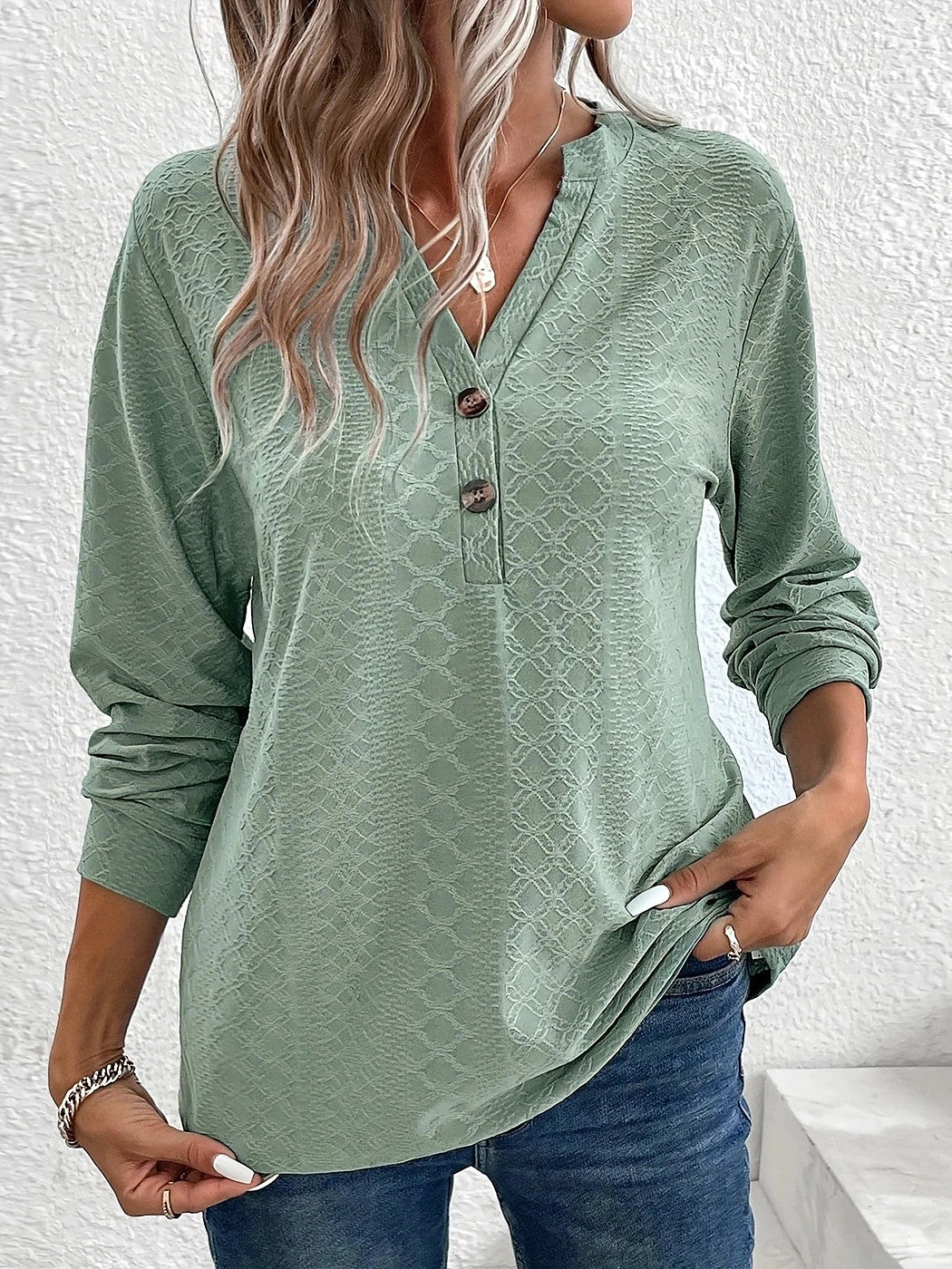 Women's Notch Neck Button Placket Textured Top