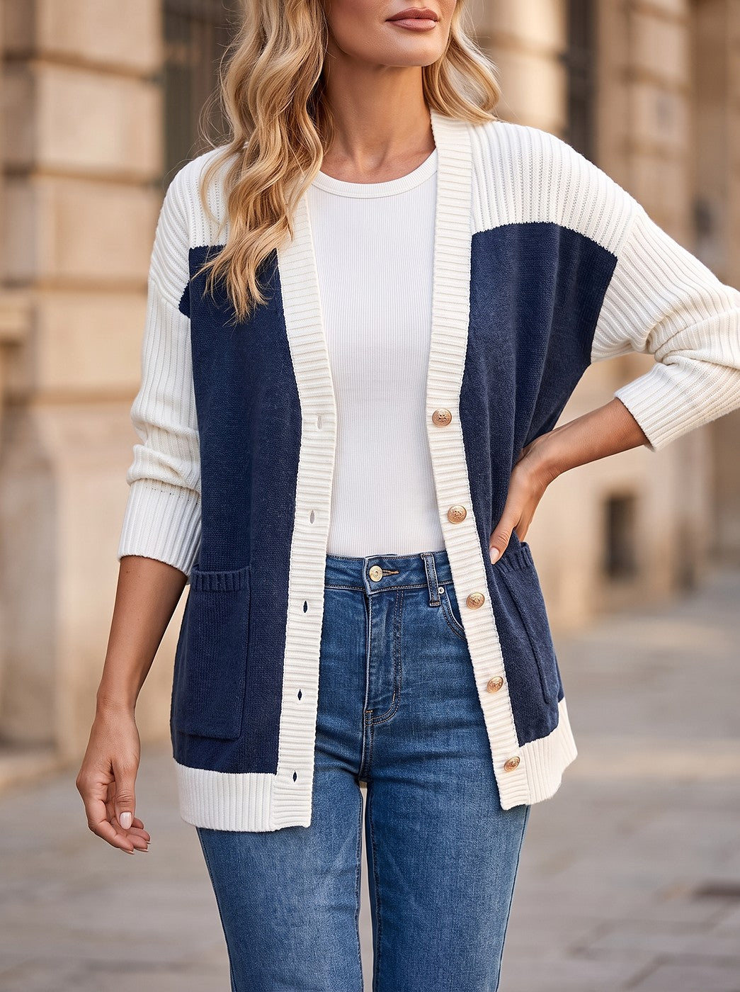 Women's Colorblock Longline Button Front Cardigan