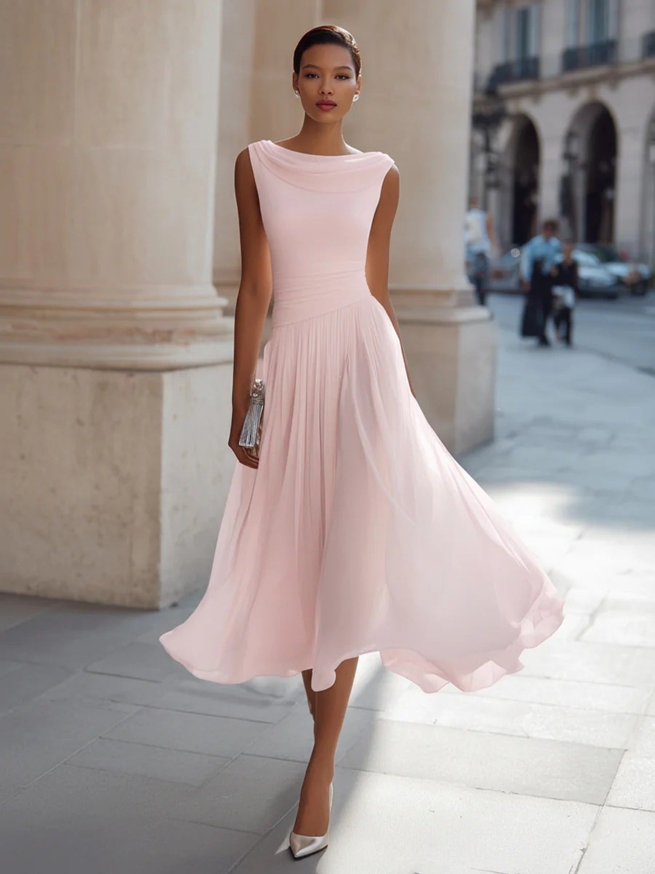 Women's Cowl Neck Pleated Flowy Midi Dress