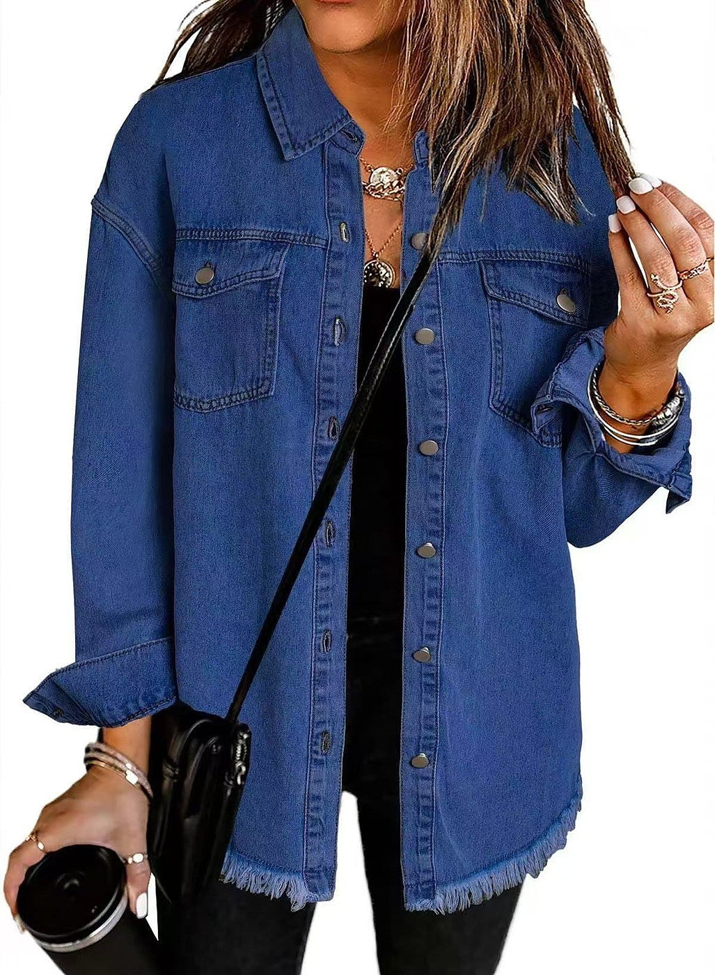 Women's Relaxed Frayed Hem Denim Shacket
