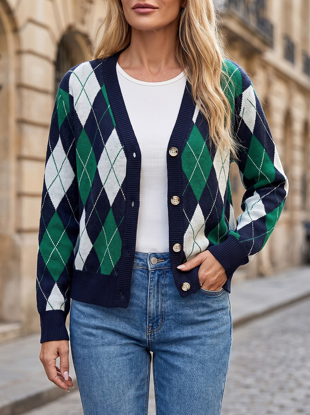 Women's Two Tone Argyle Fall Cardigan
