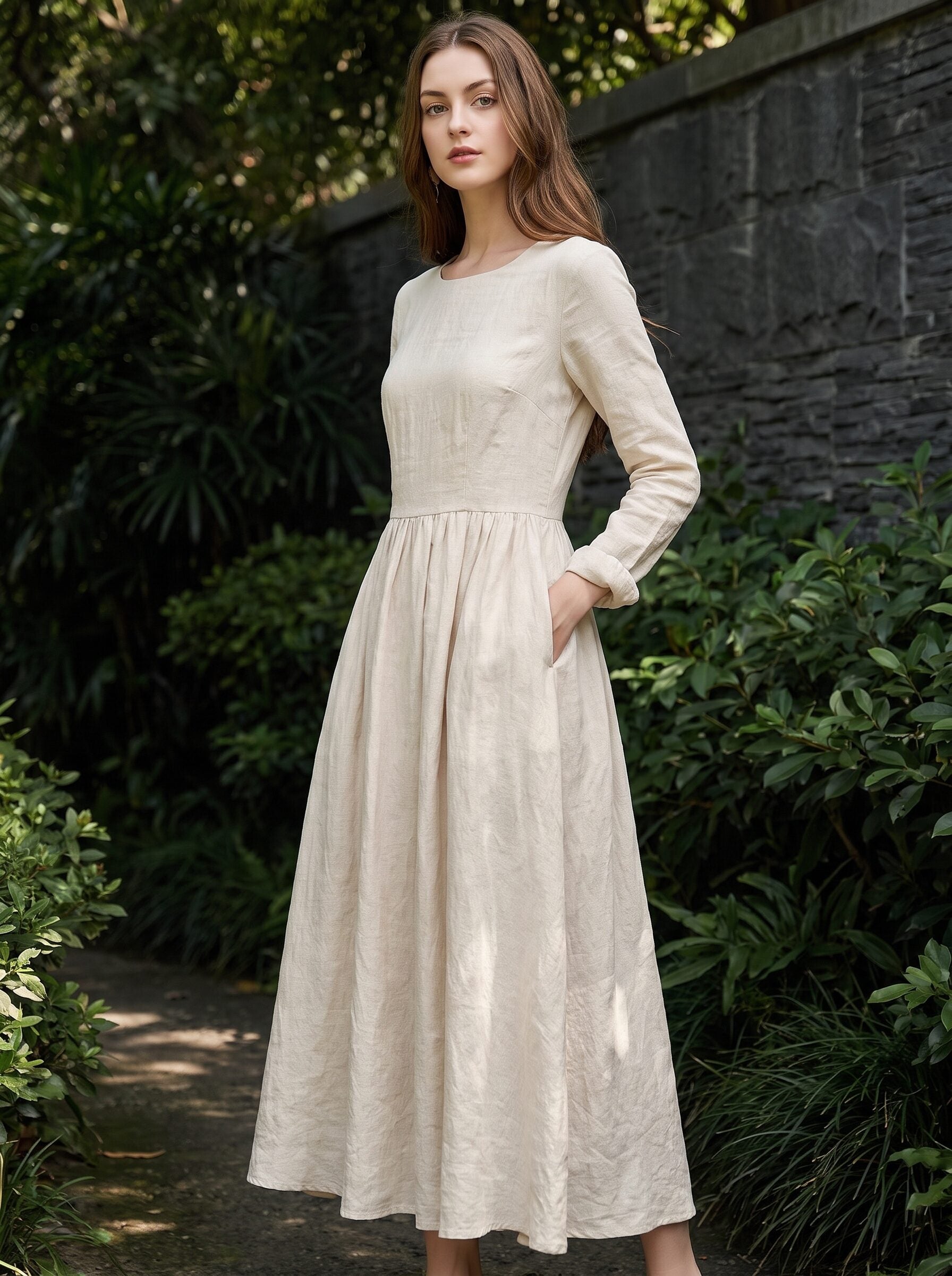Women's Linen Long Sleeve Maxi Dress