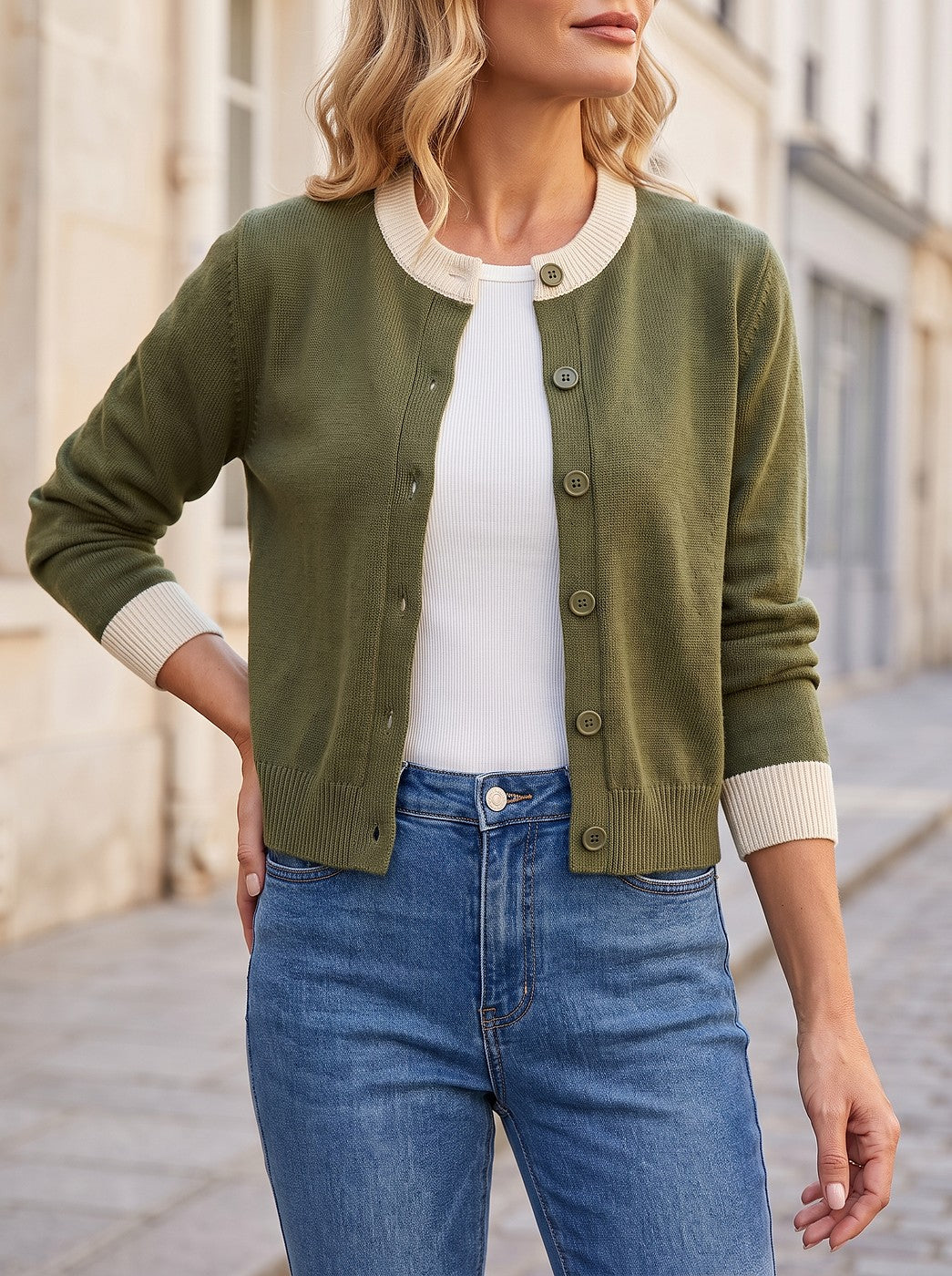 Women's Cropped Button Front Cardigan Contrast Trim