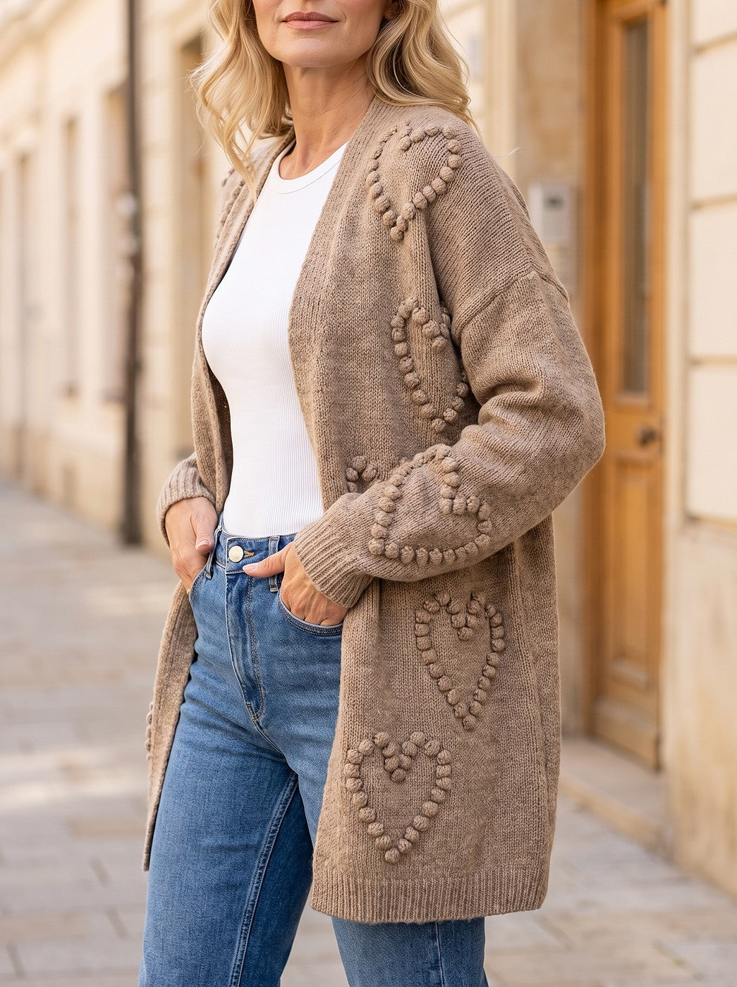 Women's Heart Texture Longline Open Cardigan