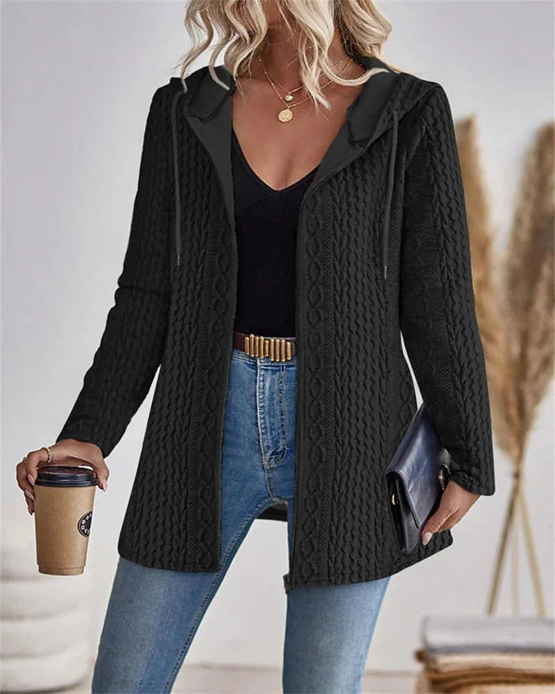 Women's Cable Knit Zip Up Hooded Cardigan
