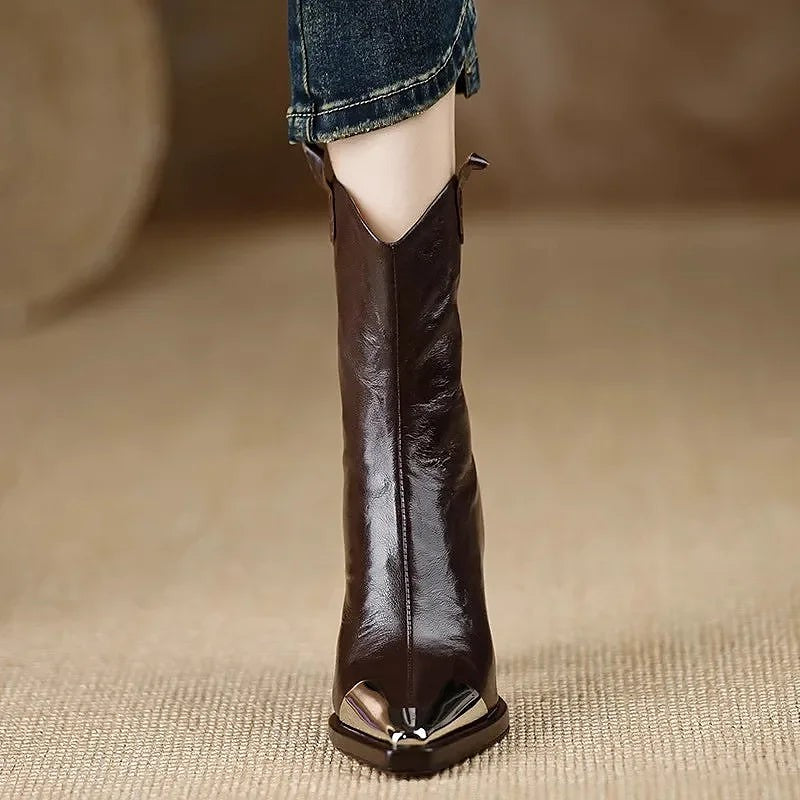 Women's Metal Toe Cap Flare Heel Booties