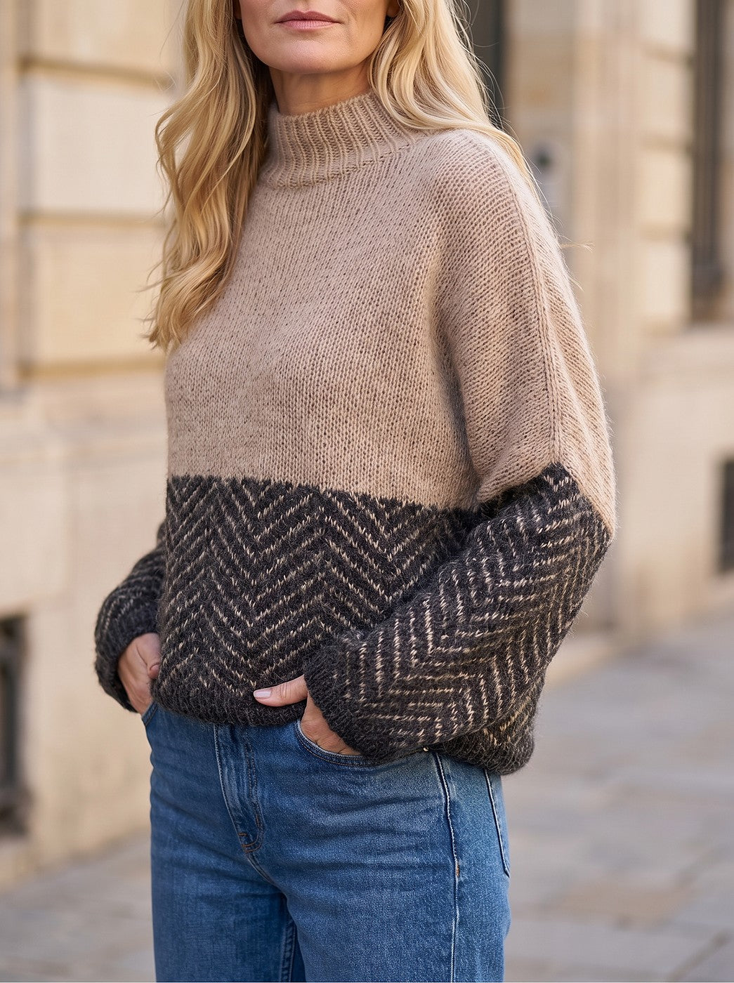 Women's Herringbone Colorblock Mock Neck Fluffy Sweater