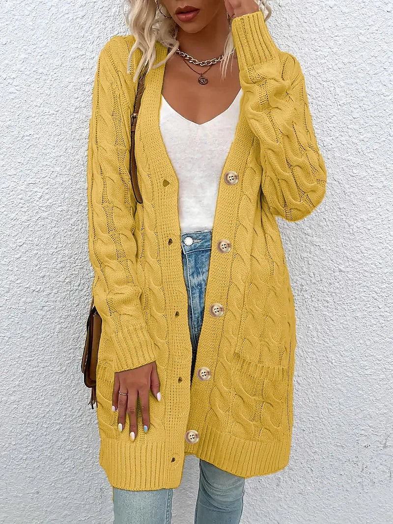 Women's Longline Cable Knit Cardigan Patch Pockets