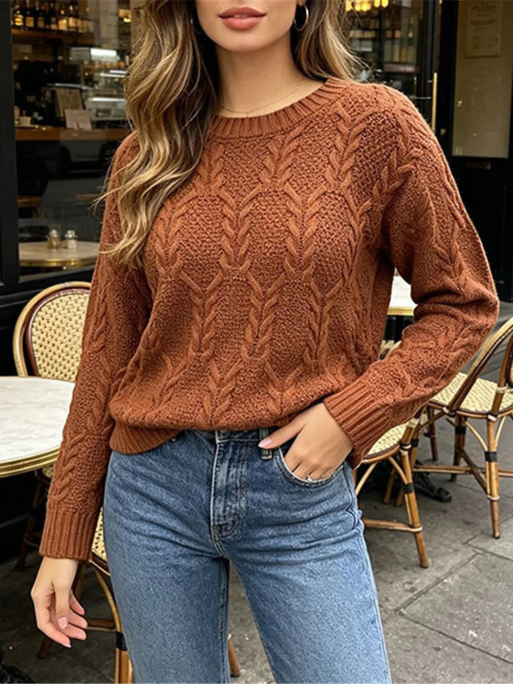 Women's Textured Cable Crewneck Pullover Sweater