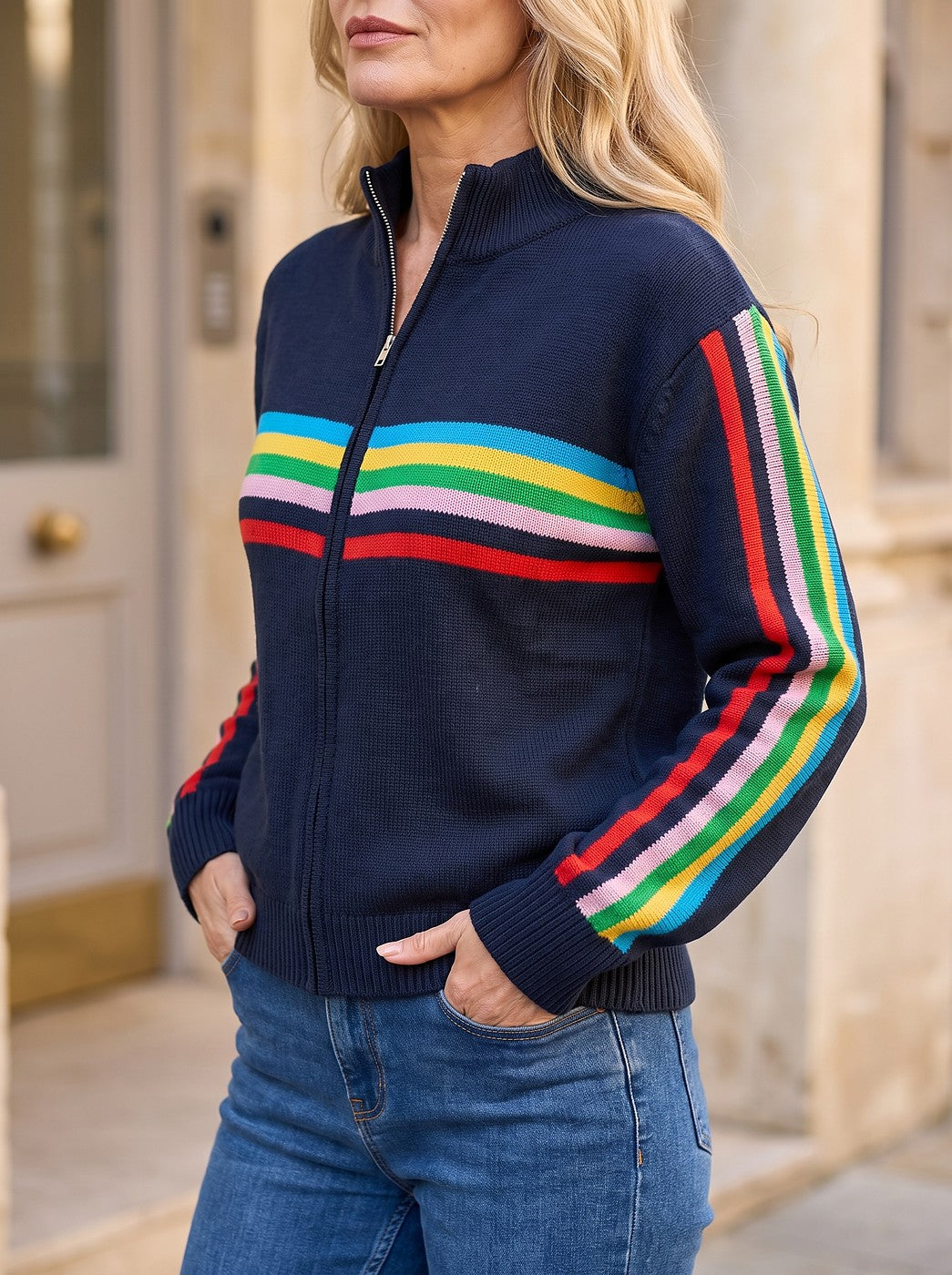Women's Striped Mock Neck Zip Knit Jacket