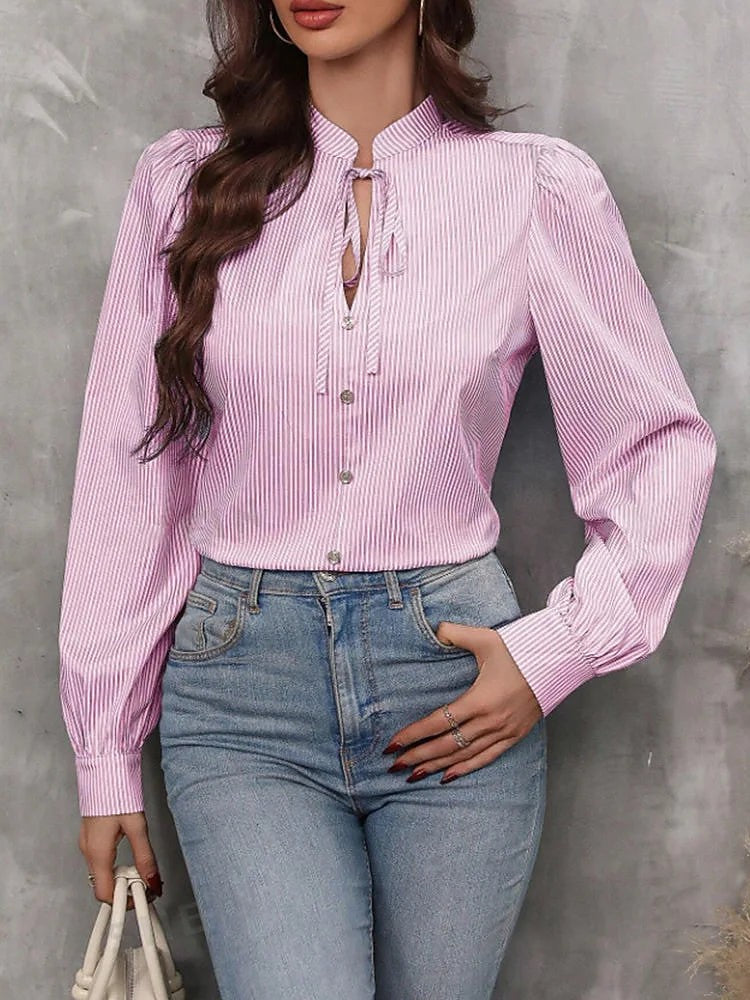 Women's Striped Tie Neck Puff Sleeve Blouse