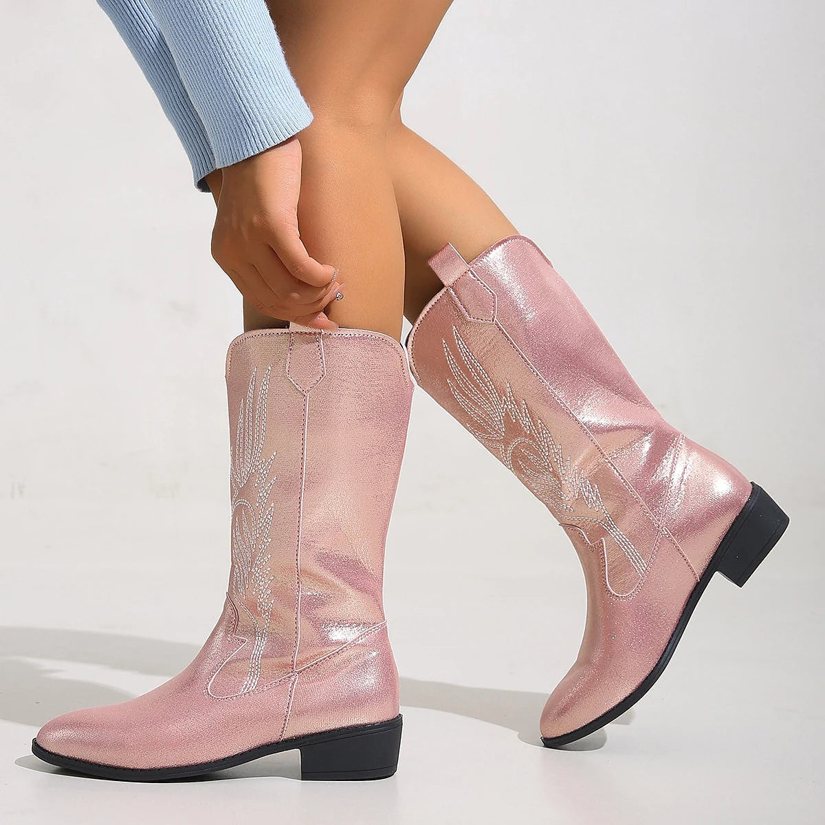 Women's Denim Cowboy Boots Pull Tabs
