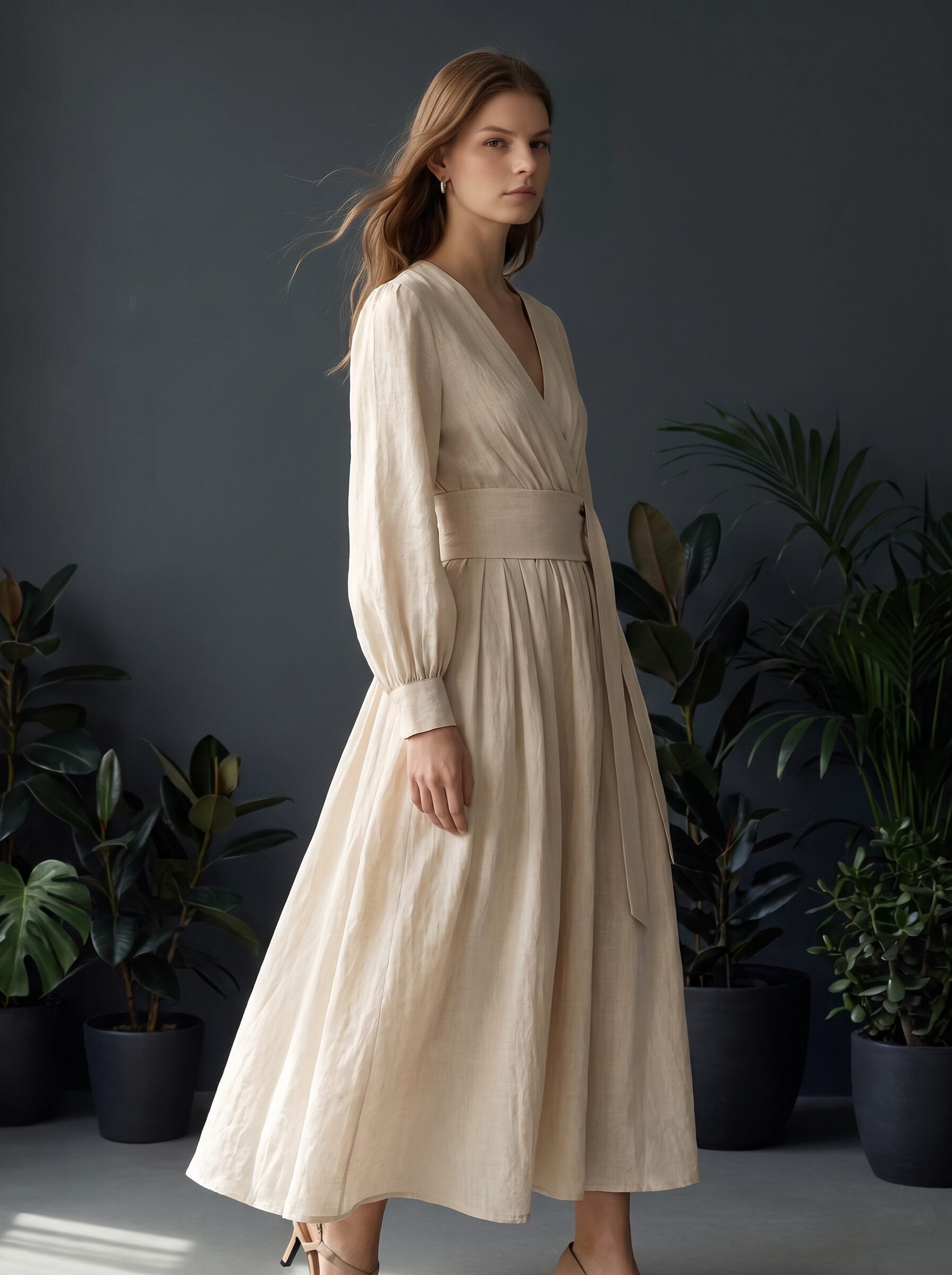 Women's Linen Wrap Maxi Dress
