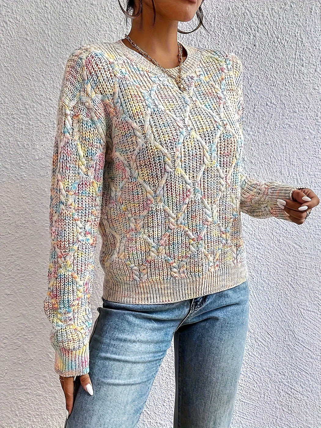 Women's Heathered Diamond Cable Knit Pullover