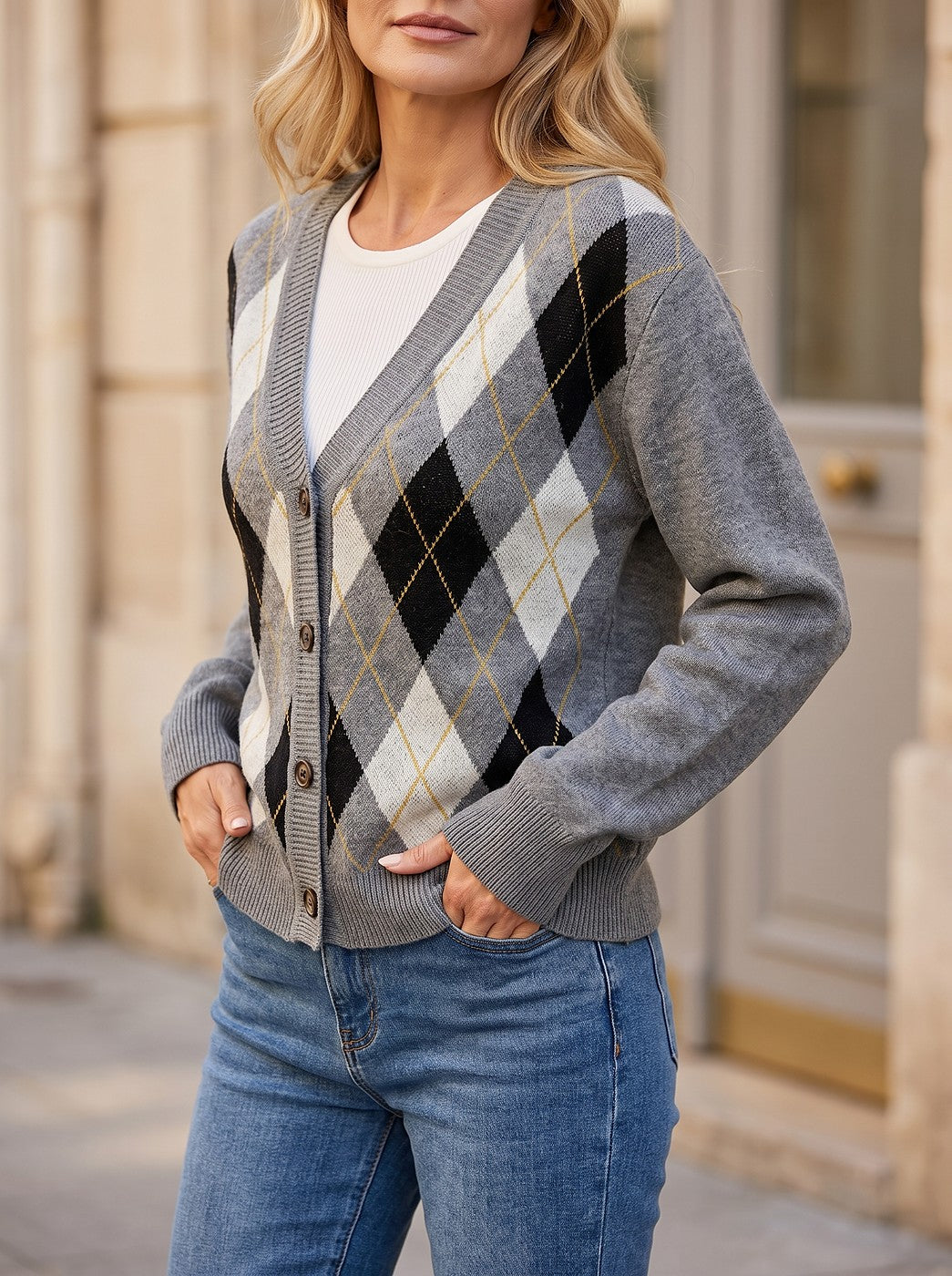 Women's Two Tone Argyle Fall Cardigan