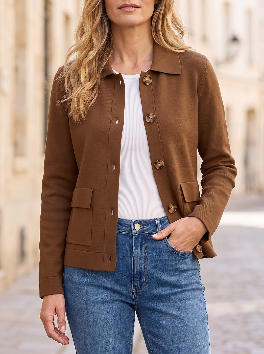 Women's Collared Button Front Knit Jacket Pockets