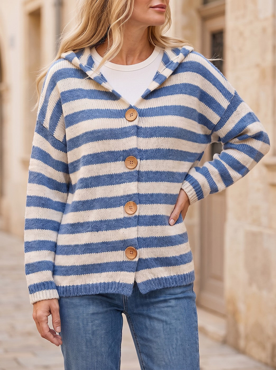 Women's Striped Hooded Button Front Longline Cardigan
