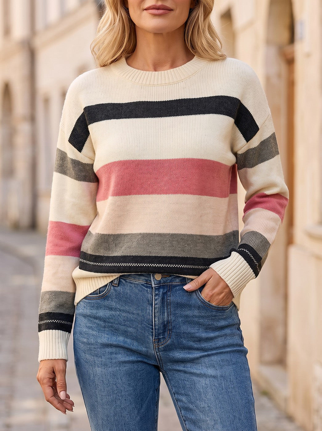 Women's Wide Stripe Drop Shoulder Pullover Sweater