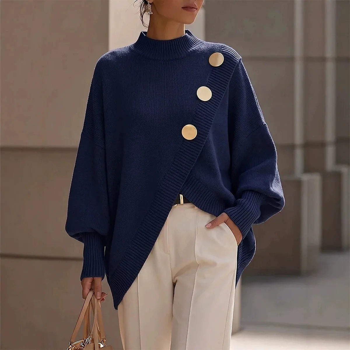 Women's Oversized Mock Neck Asymmetric Hem Sweater
