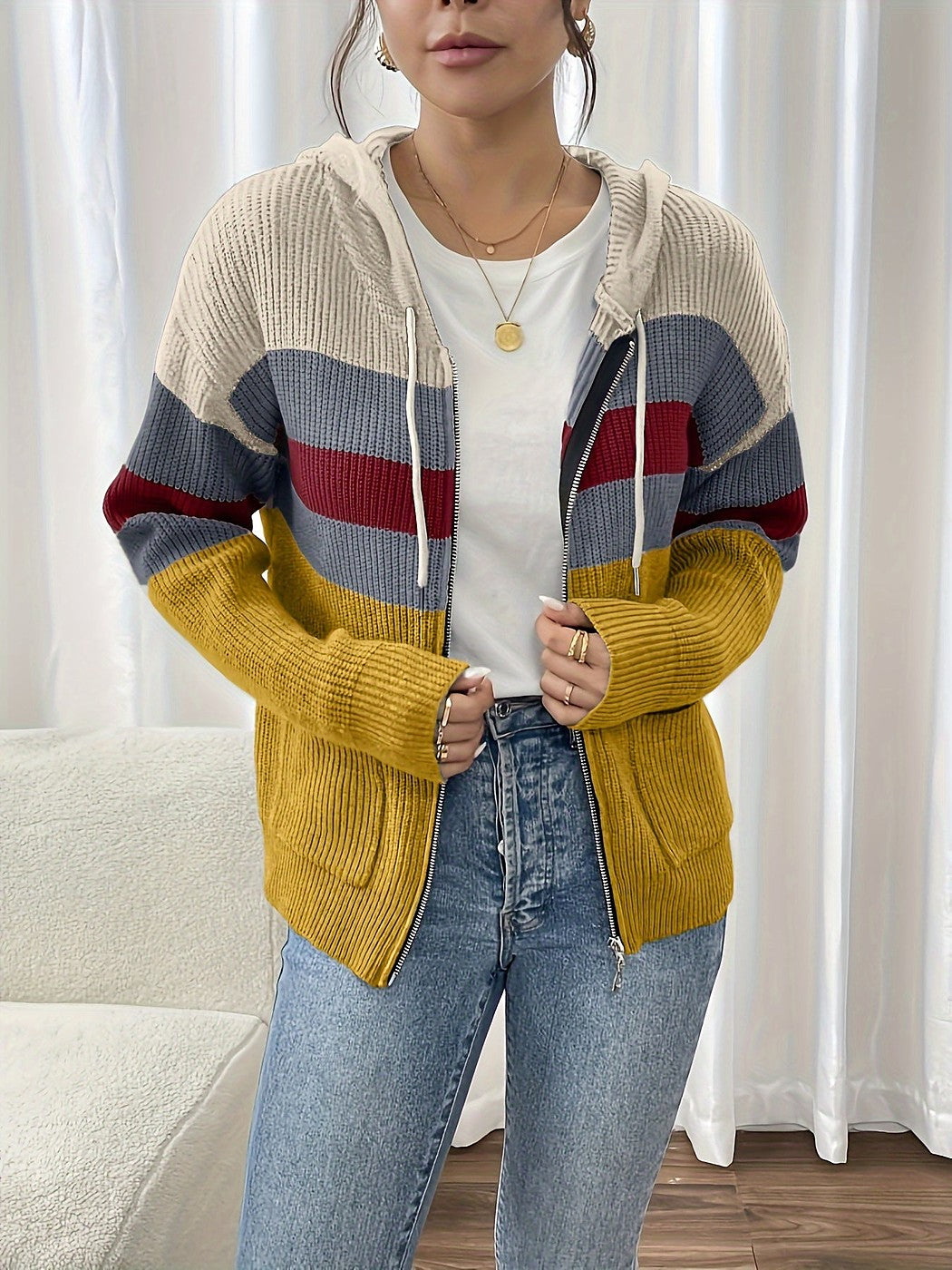Women's Hooded Zip Up Knit Cardigan Jacket