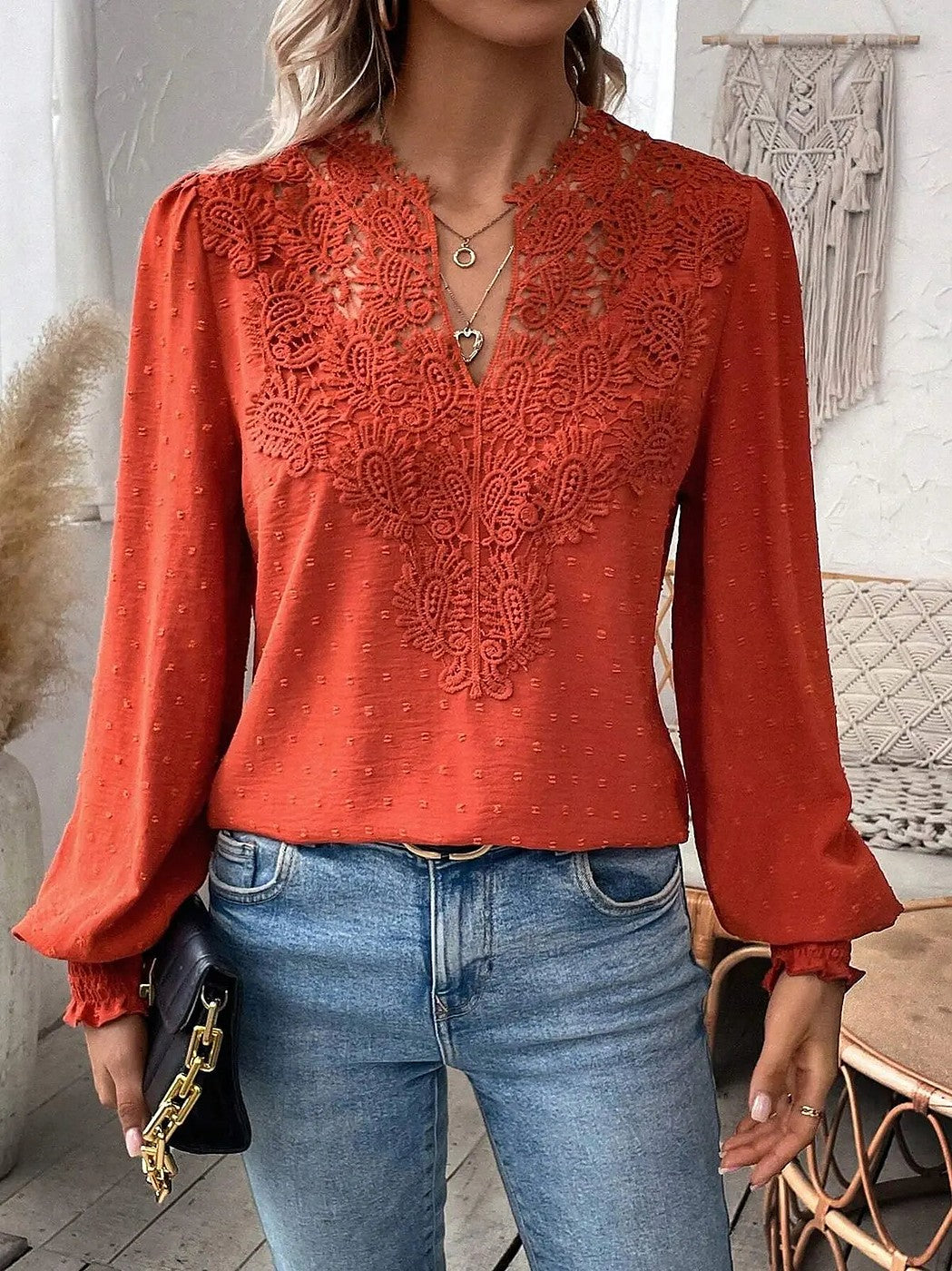 Women's Swiss Dot Lace Puff Sleeve Blouse