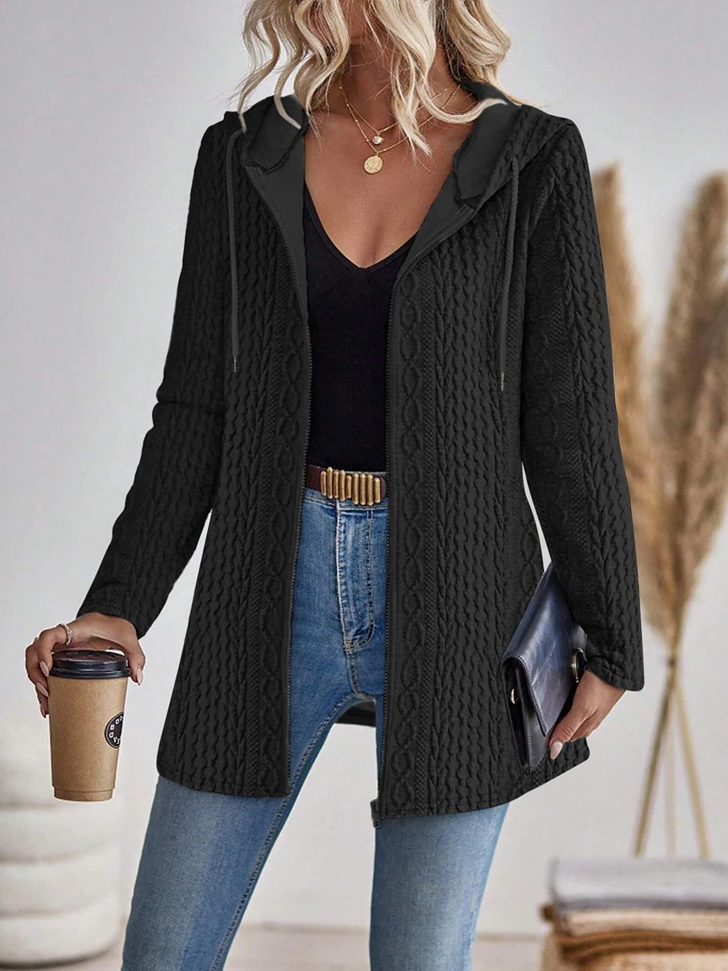 Women's Cable Knit Zip Up Hooded Cardigan