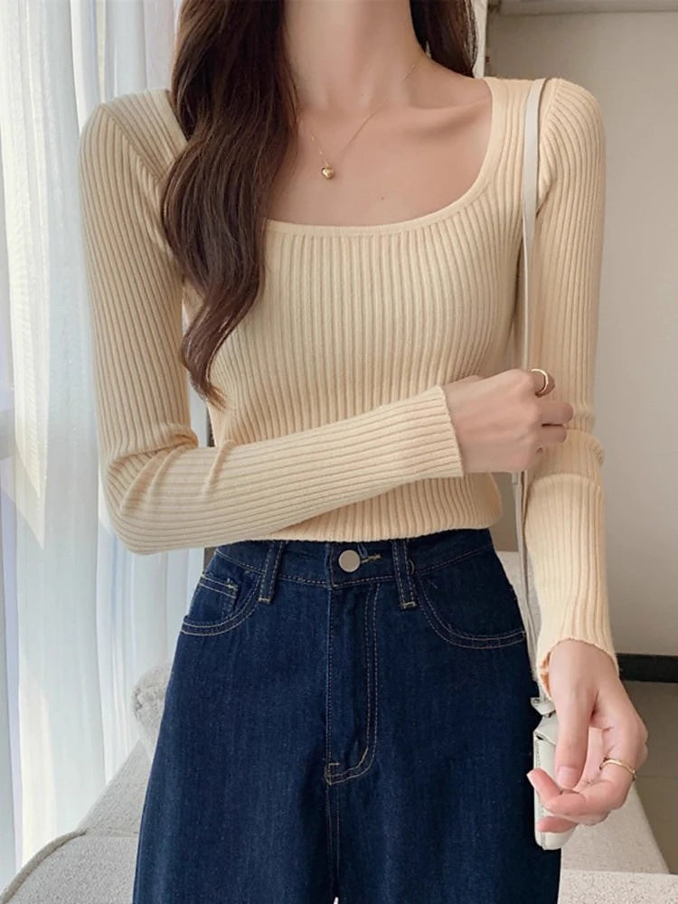 Women's Square Neck Ribbed Long Sleeve Top