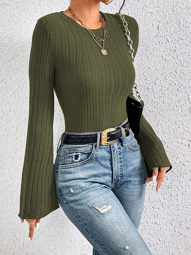 Women's Cropped Flare Sleeve Ribbed Knit Top