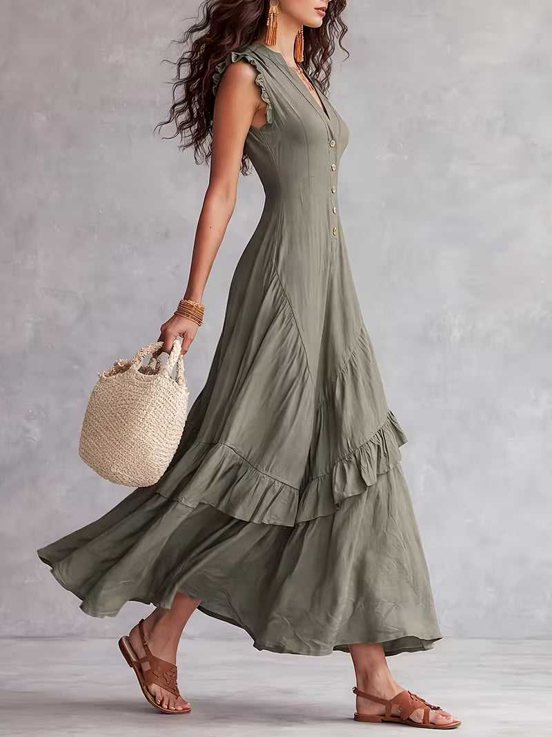 Women's V-Neck Button Front Ruffle Maxi Dress