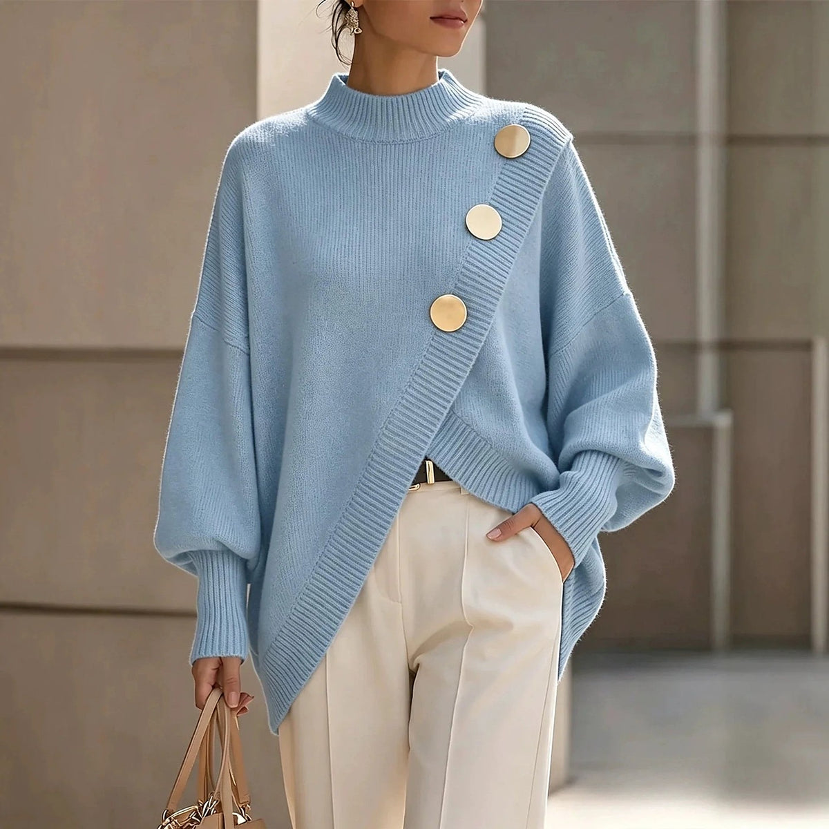 Women's Oversized Mock Neck Asymmetric Hem Sweater