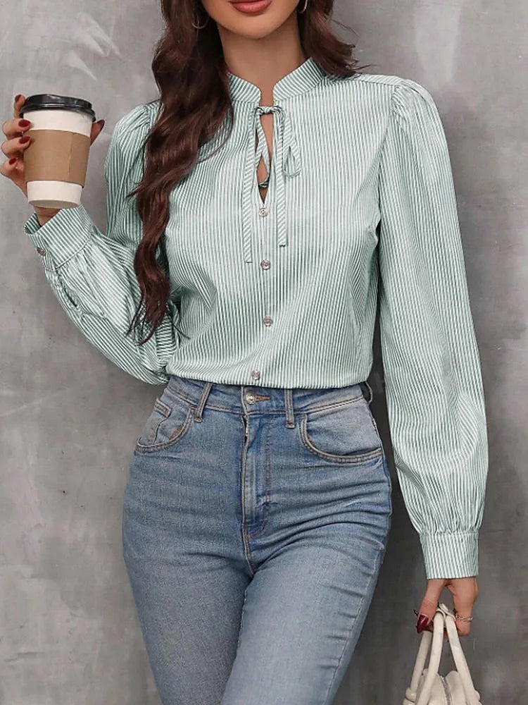 Women's Striped Tie Neck Puff Sleeve Blouse