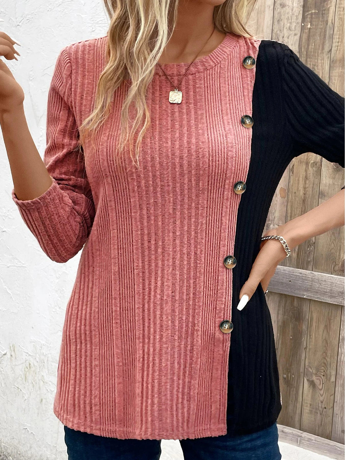Women's Color Block Button Long Sleeve Top