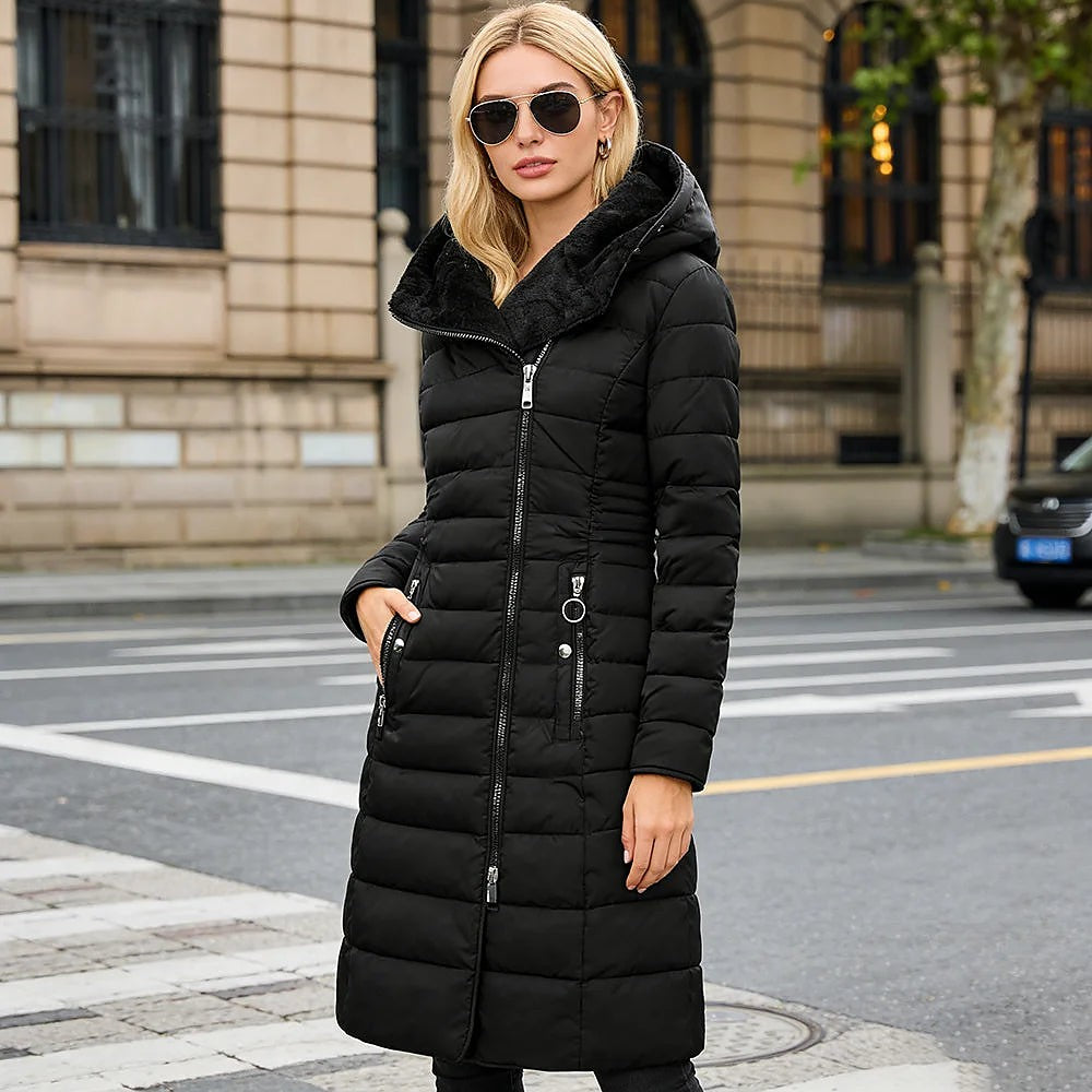Women's Wide Width Long Quilted Hooded Coat