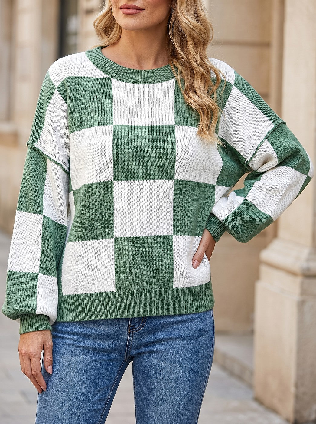 Women's Checkerboard Knit Cropped Crewneck Sweater